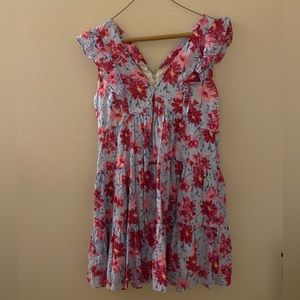 Blue V neck dress with pink and red floral pattern size s brand lush